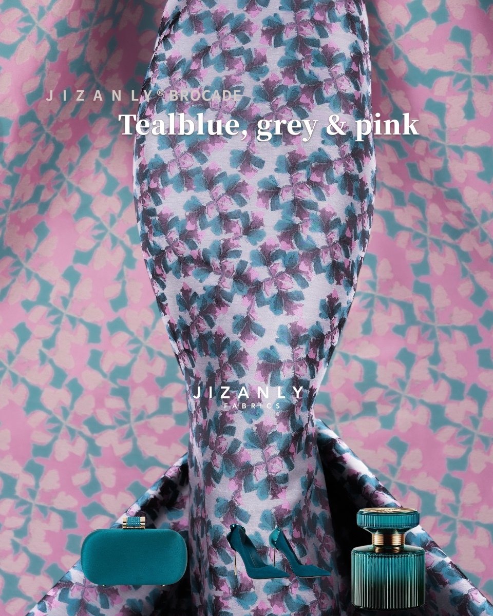 brocade teal blue, grey & pink